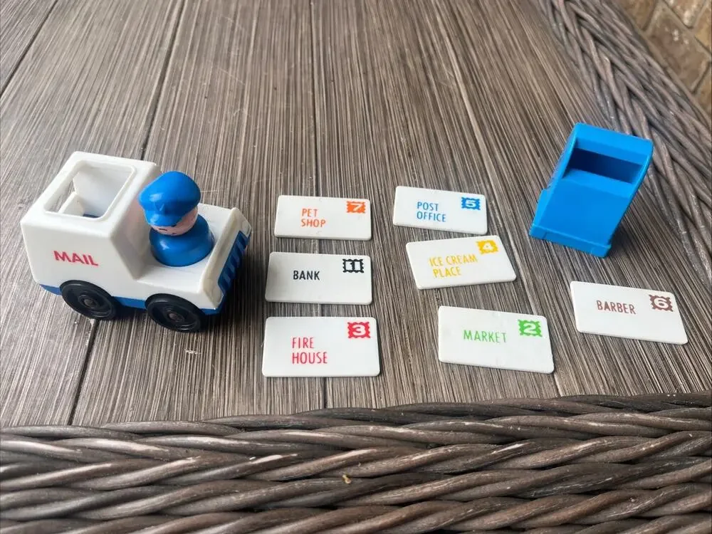 Vintage Fisher Price Little People Mail Truck Mailman Box + 7 Letters EUC